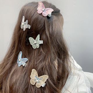 【新品】4個セット 蝶 髪飾り ヘアクリップ 蝶々 レース 刺繍入り 少女(バレッタ/ヘアクリップ)