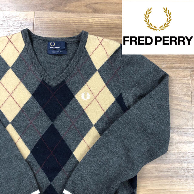 FRED PERRY 100%高級メリノウール使用 アーガイル柄ニット セーター-