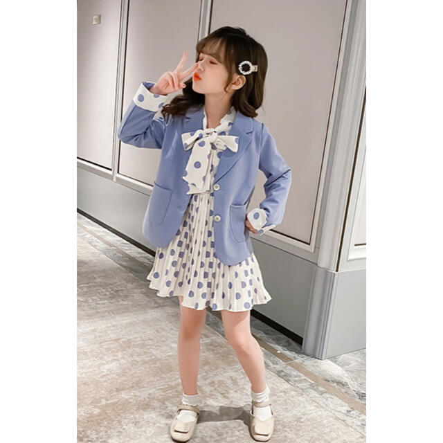 カラージャケット ＋ ドット柄ワンピース 2点セット キッズ 青 キッズ/ベビー/マタニティのキッズ服女の子用(90cm~)(ワンピース)の商品写真