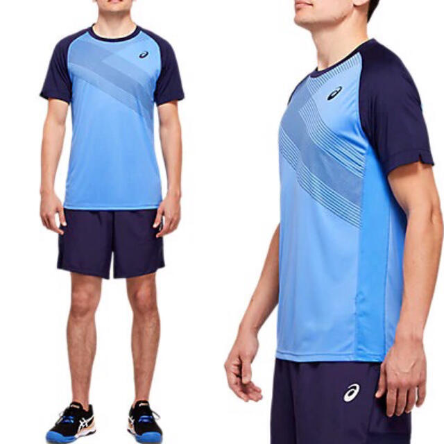 asics(アシックス)のasics アシックス テニスウェアCLUBグラフィック半袖シャツ青メンズL新品 スポーツ/アウトドアのテニス(ウェア)の商品写真