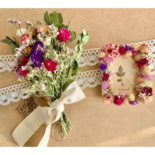 ドライフラワー スワッグとフォトフレームの2点セット❁¨̮薔薇ローズ写真立て花束