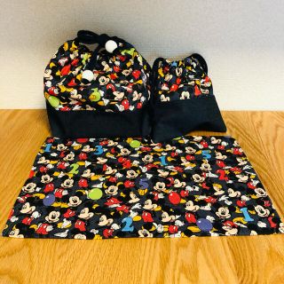 ディズニー(Disney)のお弁当袋3点セット　ミッキデニム柄　ハンドメイド(ランチボックス巾着)