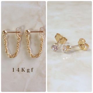 14kgf／K14gf 一粒ダイヤCZピアス／一粒ダイヤピアス 3ミリ ゴールド(ピアス)