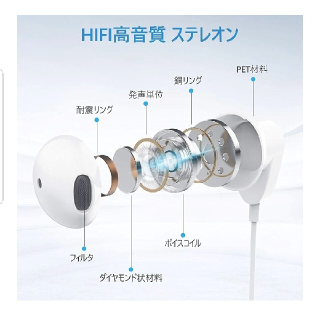 3.5mmイヤホン 有線  HiFi高音質 音量調節 通話対応 マイク付き スマホ/家電/カメラのオーディオ機器(ヘッドフォン/イヤフォン)の商品写真