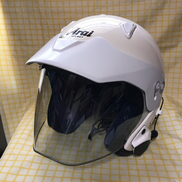 ① 観賞用　白バイ風　Arai SZ-R  ホワイト　マイクホルダー付き