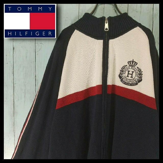 TOMMY HILFIGER(トミーヒルフィガー)の【レア】トミーヒルフィガー トリコロールニットジップアップ ビックサイズ  メンズのトップス(ニット/セーター)の商品写真