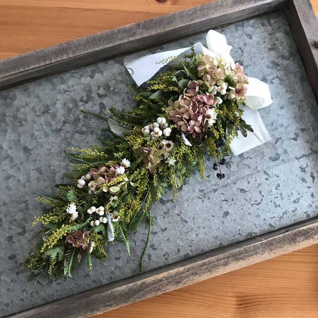 に値下げ! ミモザの蕾と水無月紫陽花の縦長ドライフラワースワッグ