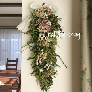 アウトレット 美品 ミモザの蕾と紫陽花の縦長スワッグ☆ドライフラワー
