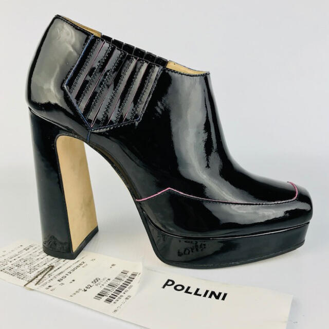 極美品★POLLINI★パテント チャンキーヒール サイドゴアブーティ(37)POLLINI