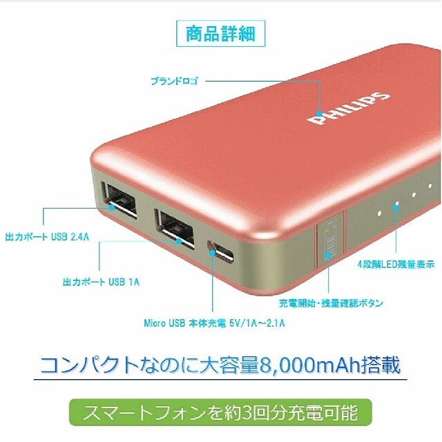 PHILIPS(フィリップス)の【新品未使用】PHILIPS DLP6080 モバイルバッテリー 8000mAh スマホ/家電/カメラのスマートフォン/携帯電話(バッテリー/充電器)の商品写真