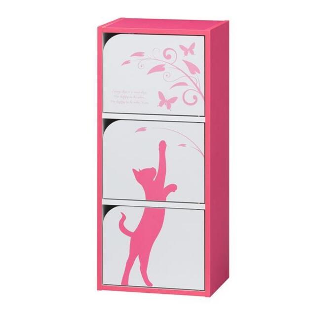 日本製 猫柄 扉付き組立簡単ラック/収納棚 【ピンク】 幅39cm