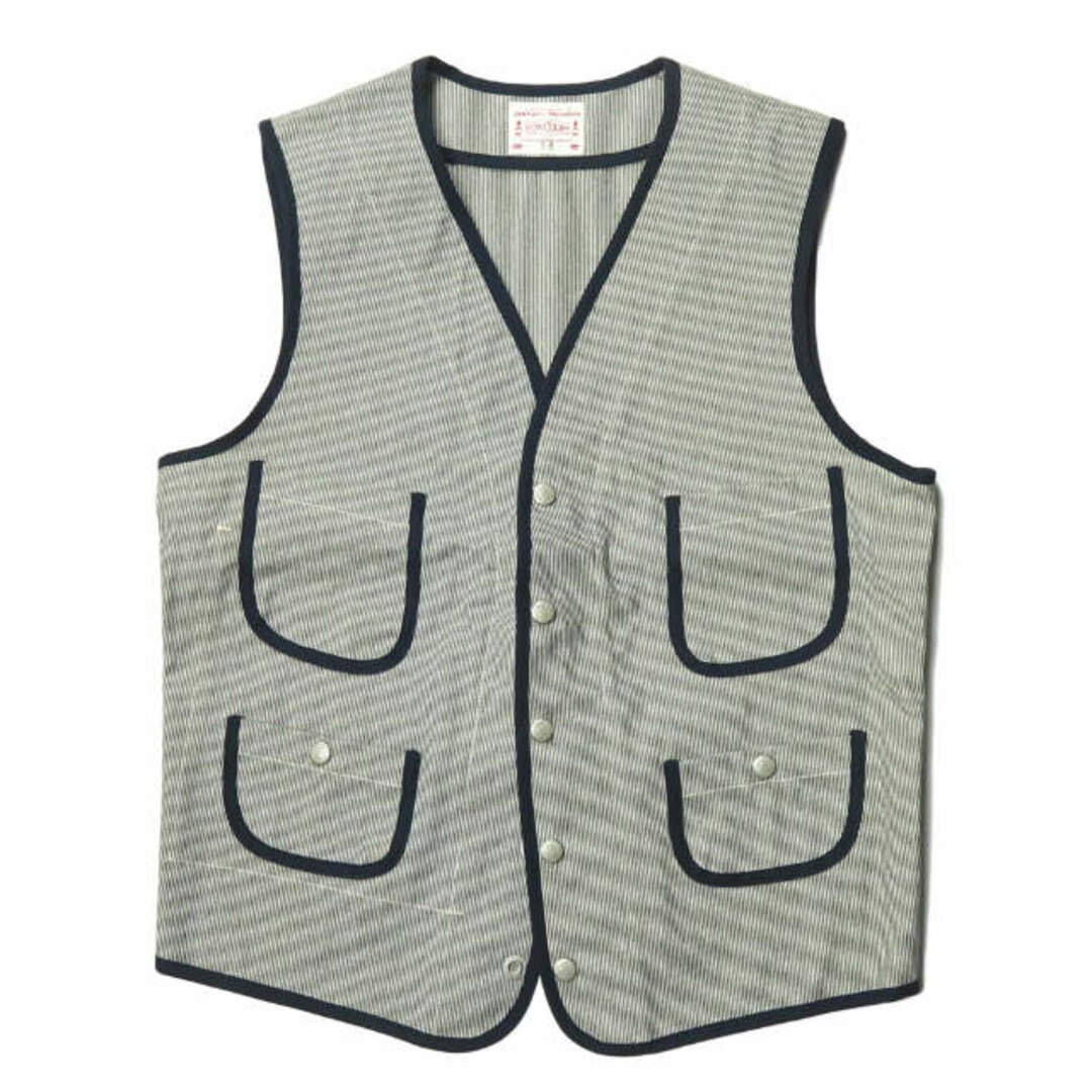 約39cm身幅BONCOURA ボンクラ 日本製 PIPING VEST BLUE MOCK TWIST パイピングベスト 38 ネイビー ジレ ストライプ トップス【BONCOURA】