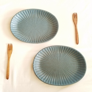 ハクサントウキ(白山陶器)のよしざわ窯　ブルーグレー　楕円皿　2枚(食器)