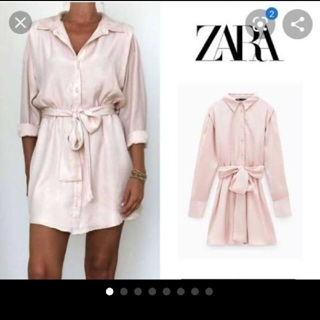 ZARA(ザラ)のザラ　M　道端アンジェリカ　サテン風シャツワンピース　ピンク　シャツ　ワンピース レディースのワンピース(ミニワンピース)の商品写真