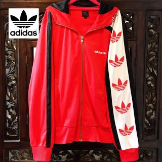 アディダス(adidas)のアディダス 赤 ビッグロゴ ライン パーカー ジャージ カーディガン レッド (ジャージ)