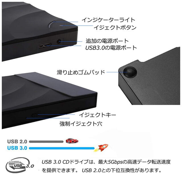 外付CD/DVDドライブ USB3.0/2.0接続 超薄 高速 静音  スマホ/家電/カメラのテレビ/映像機器(DVDプレーヤー)の商品写真