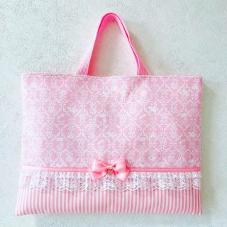 ダマスク柄×ピンク　レッスンバッグ　手提げ　女の子　ハンドメイド(バッグ/レッスンバッグ)