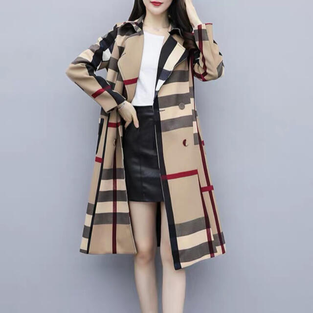 XL カーキ トレンチコート チェック ロングコート 女優コート ウエストリボン レディースのジャケット/アウター(トレンチコート)の商品写真