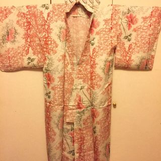 縞透かし花模様銘仙単衣着物(着物)