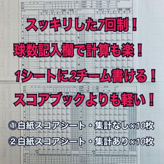 少年野球、中学野球、スコアブック、スコアシート、複製可、7回制、球数記入欄有り(その他)