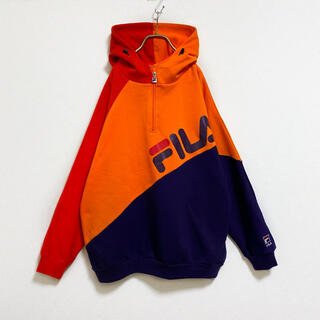 フィラ(FILA)の【90s】FILA マルチカラー ロゴ ハーフジップ パーカー メンズ XL(パーカー)