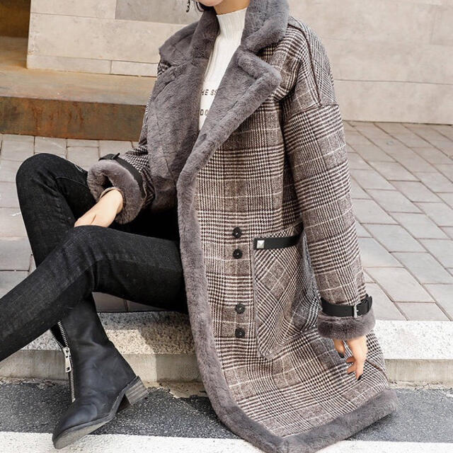 チェスターコート グレンチェック レディース ファー ブラウン 韓国ファッション レディースのジャケット/アウター(チェスターコート)の商品写真