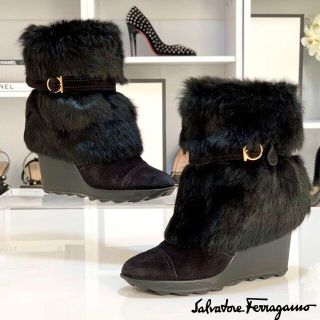 サルヴァトーレフェラガモ(Salvatore Ferragamo)の靴2点セット 2187 フェラガモ ファー スエード ショートブーツ 黒(ブーツ)