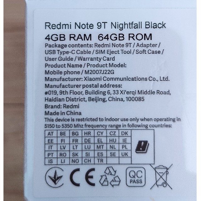 【新品シムフリー】Xiaomi Redmi Note 9t 5G ブラック