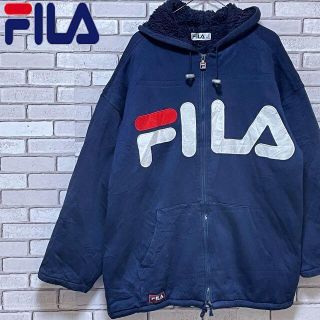 フィラ(FILA)の激レア 海外古着 FILA フィラ フリースパーカー ビッグロゴ入り ネイビーL(パーカー)