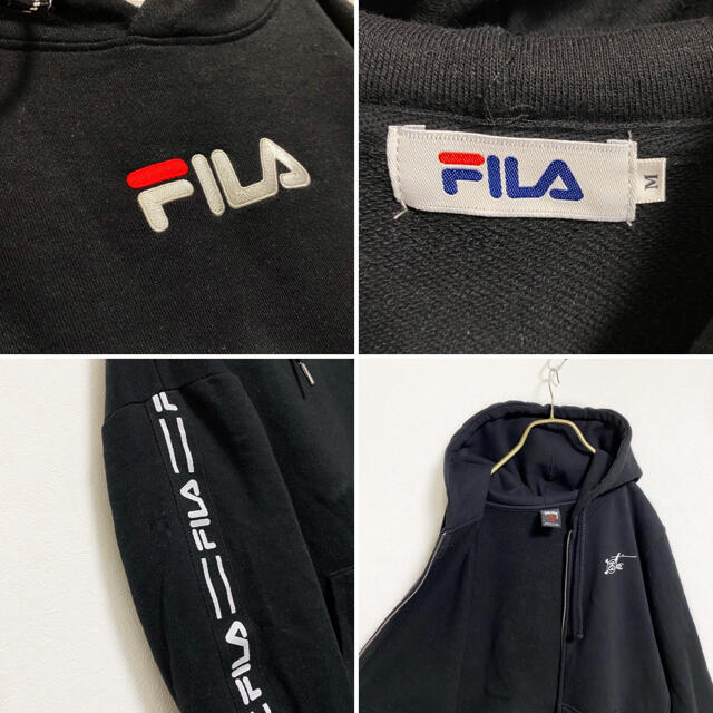 FILA(フィラ)の【90s】FILA 刺繍 ロゴ サイドライン パーカー メンズ M 黒 古着 メンズのトップス(パーカー)の商品写真