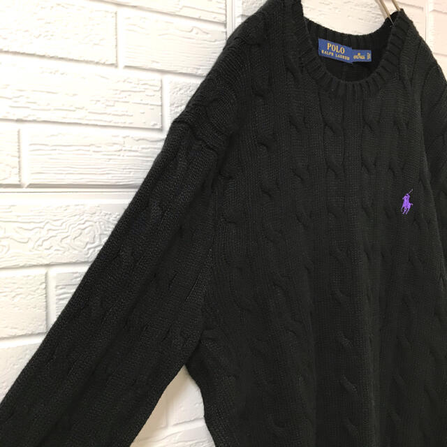 ポロ ラルフローレン コットンニット セーター ケーブル 黒 紫ロゴ