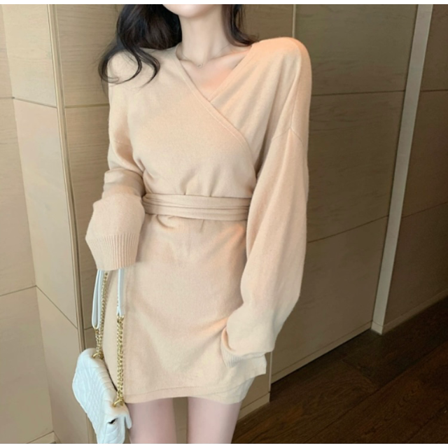レディース ニットワンピース カシュクール風 リボン ミニ丈 韓国 春コーデの通販 By Harudressshop ラクマ