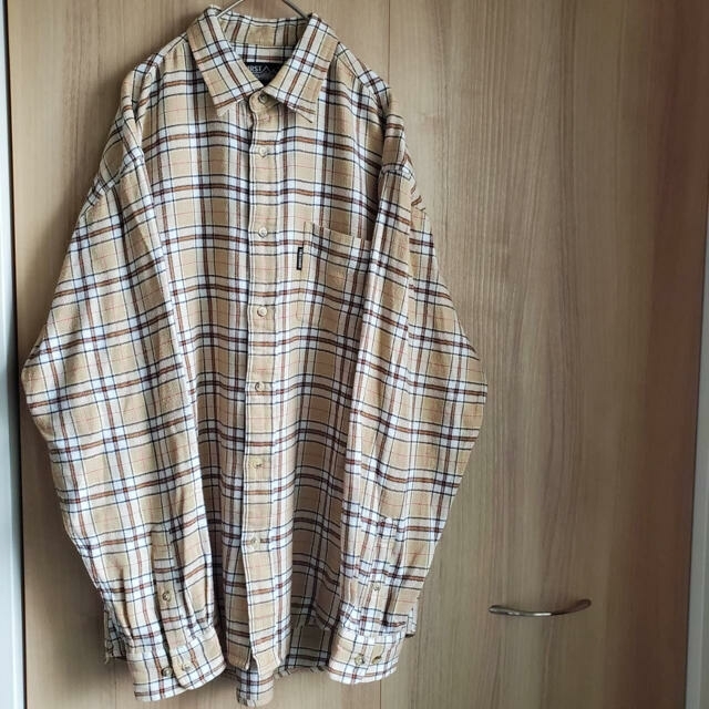 90s古着 ファーストダウン ネルシャツ フランネル チェック ベージュ レトロ メンズのトップス(シャツ)の商品写真
