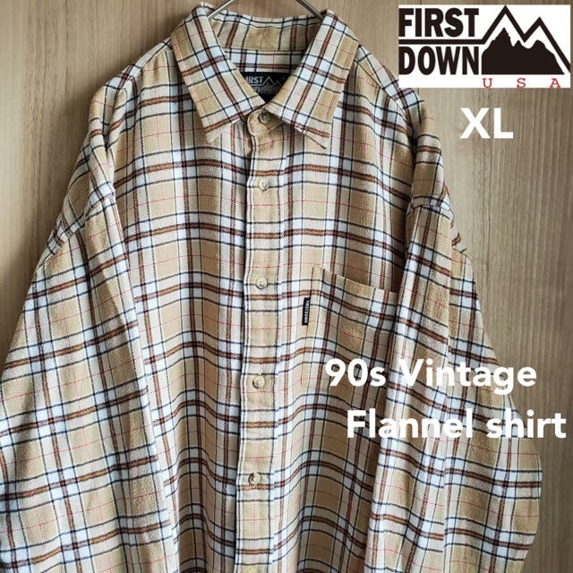 90s古着 ファーストダウン ネルシャツ フランネル チェック ベージュ レトロ メンズのトップス(シャツ)の商品写真