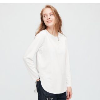 ユニクロ(UNIQLO)の匿名配送 UNIQLO  コットンロングシャツテール T  サイズL (Tシャツ(長袖/七分))