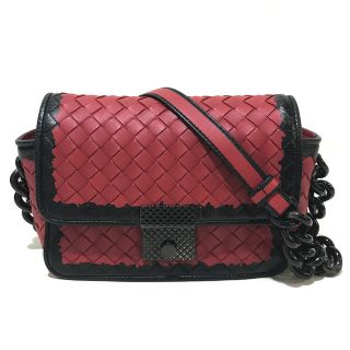 ボッテガヴェネタ(Bottega Veneta)のボッテガヴェネタ BOTTEGA VENETA ミニチェーン 339270 イントレチャート カバン  ショルダーバッグ ラムスキン レッド×ブラック(ショルダーバッグ)