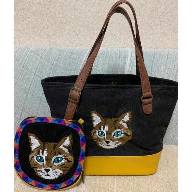 アニマルフェイス 刺繍トートバッグ　ポーチセット　ネコ　猫