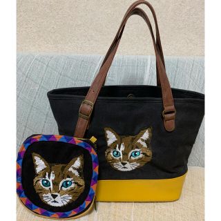 アニマルフェイス 刺繍トートバッグ　ポーチセット　ネコ　猫(トートバッグ)