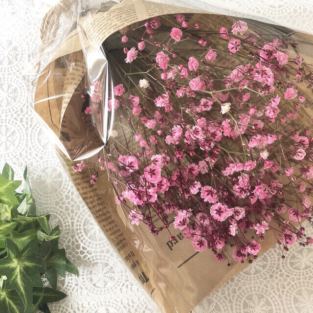⭐︎春らしい桜色⭐︎かすみ草のドライフラワーブーケ　スワッグ ハンドメイドのフラワー/ガーデン(ドライフラワー)の商品写真