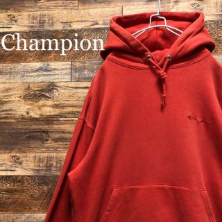 チャンピオン(Champion)のチャンピオンワンポイント刺繍ロゴプルオーバーパーカー S 古着無地オレンジ (パーカー)