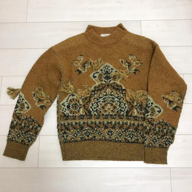 TOGA PULLA / トーガプルラ | Rug jacquard knit pullover ラグ ジャガード フリンジ ニット プルオーバー | 36 | グレージュ/レッド | レディース