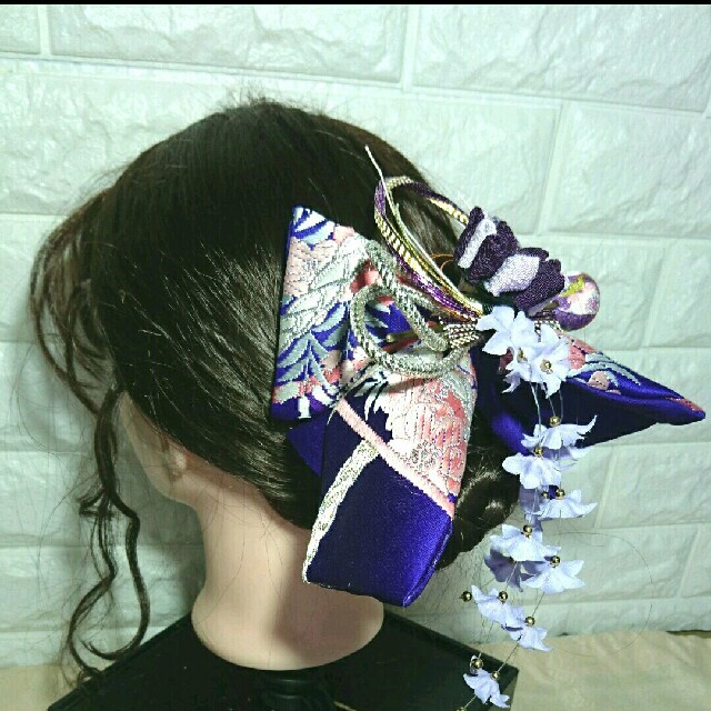 髪飾り(和装)159 正絹帯生地リボン(紫色) ハンドメイドのアクセサリー(ヘアアクセサリー)の商品写真