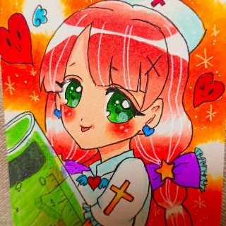 自作 手描き イラスト☆オリジナル☆ハガキサイズの半分☆ナースちゃん♡注射器☆(アート/写真)