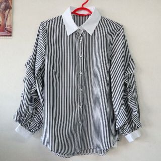 新品⭐袖フリル ストライプ シャツ(シャツ/ブラウス(長袖/七分))