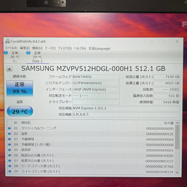 SAMSUNG SSD M.2 NVMe MLC 512GB使用時間5418h 2