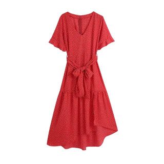 ザラ(ZARA)の🌸春先行💐3491◆red ドット アシメトリー ワンピース(ひざ丈ワンピース)