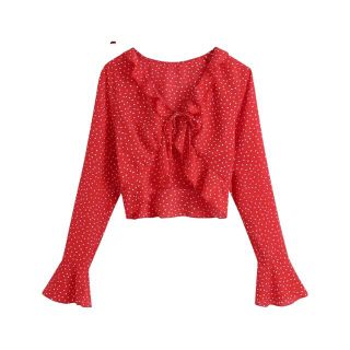 ザラ(ZARA)の🌸春先行💐3492◆red クロップド丈 ドット フリル ブラウス(シャツ/ブラウス(長袖/七分))