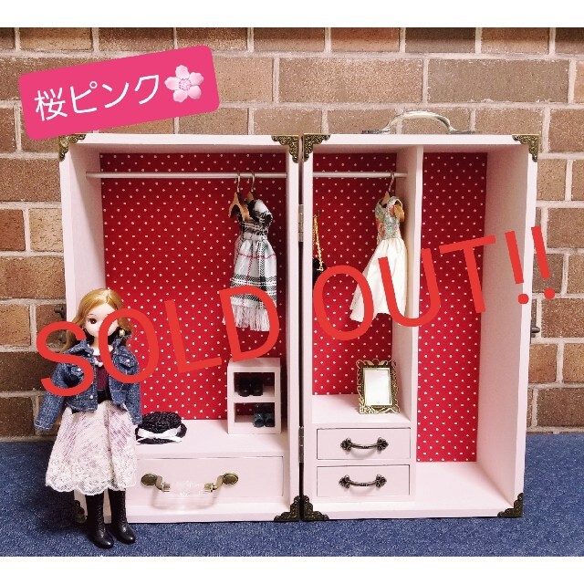 ドール用クローゼット[桜ピンク]〈赤水玉〉♡ハンドメイド - 家具