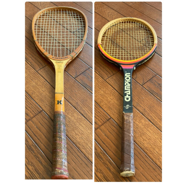 カワサキ(カワサキ)のアンティーク木製テニスラケット2本です スポーツ/アウトドアのテニス(ラケット)の商品写真