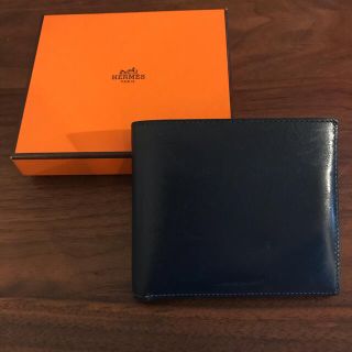 エルメス(Hermes)の【値下げ】Hermes エルメス レザー 折財布 濃いブルー 小銭入れ無(折り財布)